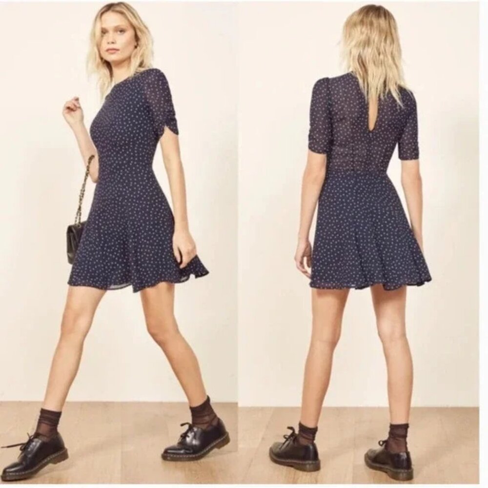 Reformation Gracie Ruched Sleeve Polka Dot Minidress - Size 10